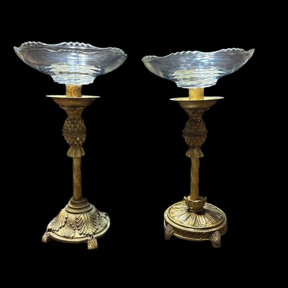 Pair Of Vintage MCM Gold Tone Resin Glass Pineapple Candle Holders/ Compote - Picture 8 of 10